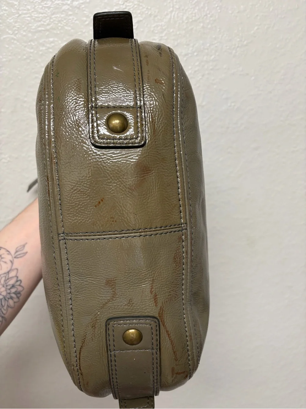 Coach Olive Green Patent Leather Hobo Shoulder Bag with Brass Hardware